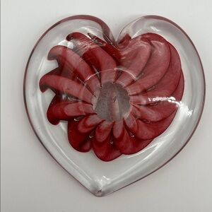 Signed Heart-Shaped Murano-Style Art Glass Paperweight Red and Pink Flower 6”